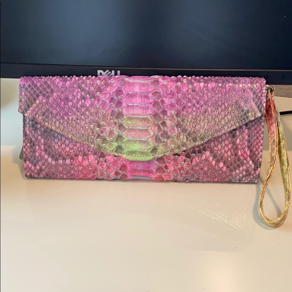 Exotic skin and suede clutch